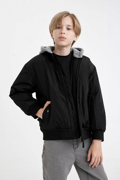 DeFacto Boys' Ribbed Sleeve Bomber Jacket - Water Repellent, Detachable Hood, College Collar, Zippered C5986A824Wn