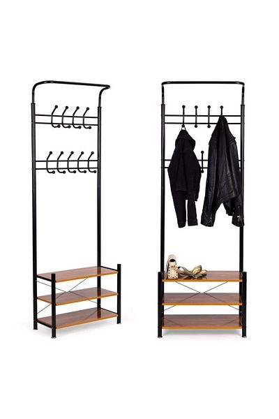 Generic Metal Clothes Hanger Organizer and Clothes Rack with Hooks and 3 Shoe Racks | Black 190x66x30 cm