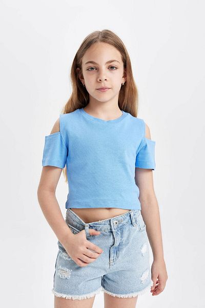 DeFacto Tricou cu mânecă scurtă pentru fete, slim fit, slim fit, cu decolteu, simplu, cu nervuri, C9714a8be194-mm