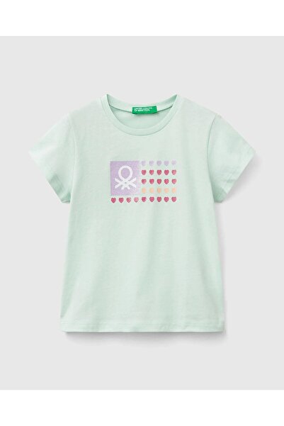 United Colors of Benetton Girl's Aqua Green Glitter Benetton Logo Printed T-S...