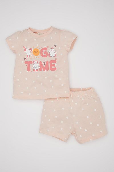 DeFacto Set pijamale pentru fetiță - bumbac pieptănat cu buline, pantaloni scurți cu mânecă scurtă C5068a524hs