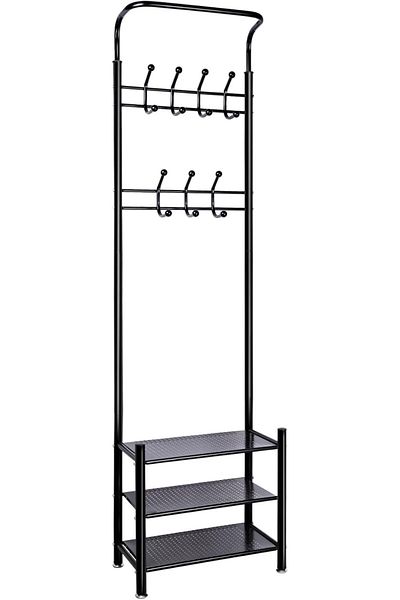 Generic Metal Clothes Hanger Organizer and Clothes Rack with Hooks and 3 Shoe Racks | Black 190x52x30 cm