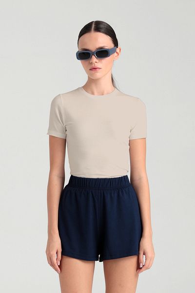 SHEISMONO Ultra Soft Beige Round Neck Short Sleeve Blouse