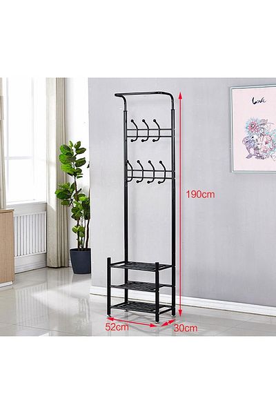 Generic Metal Clothes Hanger Organizer and Clothes Rack with Hooks and 3 Shoe Racks | Black 190x52x30 cm
