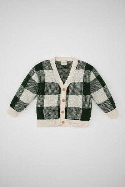 DeFacto Baby Boy Checkered V-Neck Buttoned Knitwear Cardigan A3836A524Au