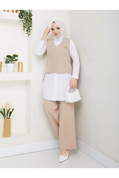 MODAMERSİ Women's Beige Brooch Sweater Shirt Pants Triple Set