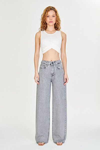 cracpot Kadın Yüksek Bel Cotton Taşlı Wide Leg Jeans Pantolon