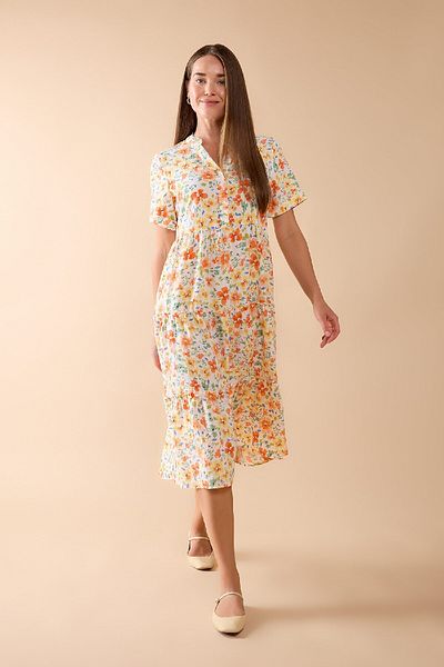 DeFacto Gemustertes, kurzärmliges Midikleid mit Ash-Kragen C9494ax24hs
