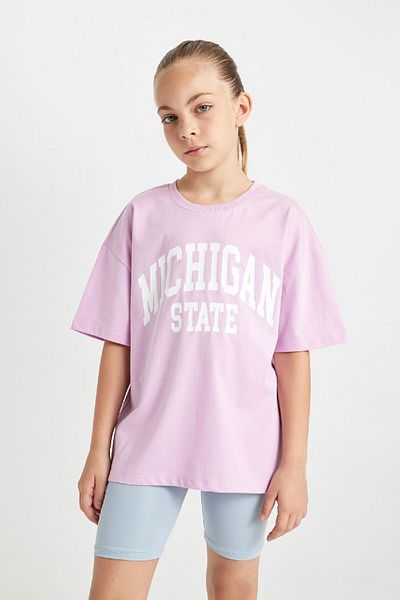 DeFacto Girls Oversize Wide Fit Crew Neck Letter Printed Short Sleeve T-Shirt C7530A824Au