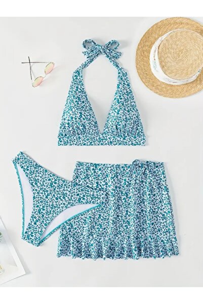 Behills Çiçek Desenli Halter 3 Parça Fırfırlı Etekli Bikini Mayo Takım, Bağcıklı Sırt Dekolteli Atma Kaplı