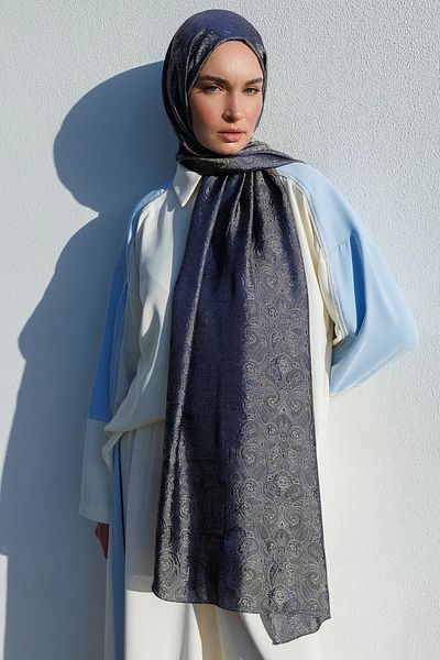 Mooncorn Námořnická modro-béžová šála Moren Pattern Shine Line