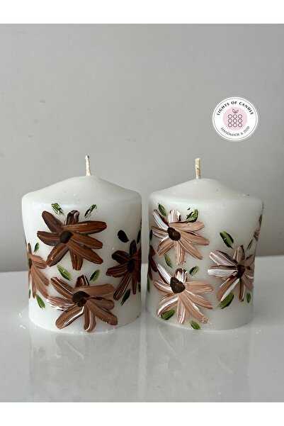Lights Of Candle Kahverengi Çiçek Desenli 2'li Blok Mum