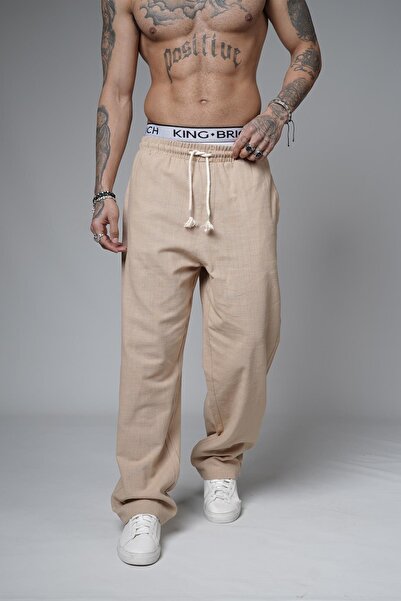 king brich Baggy Kalıp Düz Keten Pantolon