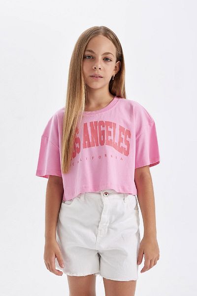DeFacto Girl - Crop Crew Neck Printed T-Shirt D0869A824HS