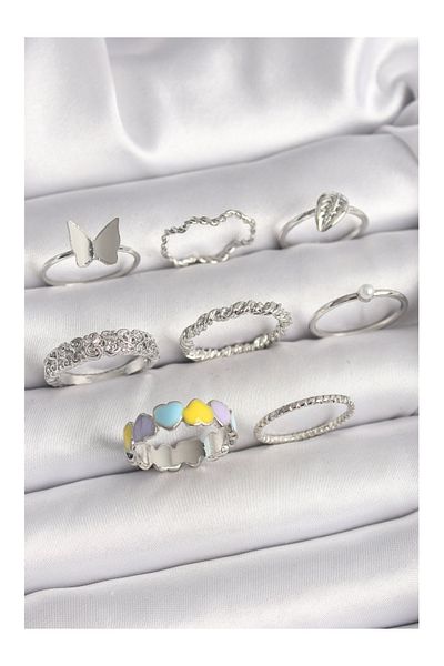 Clariss Brass Silver Color Colorful Heart Zircon Stone Butterfly Detailed Women's Ring Combination