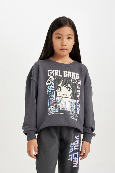 DeFacto Girl's Anthracite Oversize Wide Fit Crew Neck Printed Sweatshirt 3146912