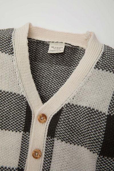 DeFacto Baby Boy Checkered V-Neck Buttoned Knitwear Cardigan A3836A524Au