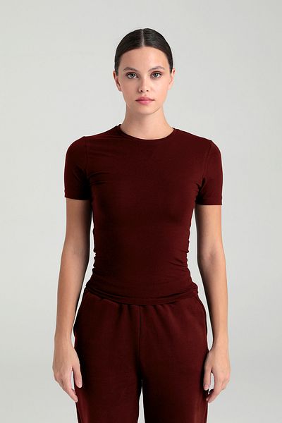 SHEISMONO Bluză cu mânecă scurtă cu gât rotund ultra moale Bordeaux