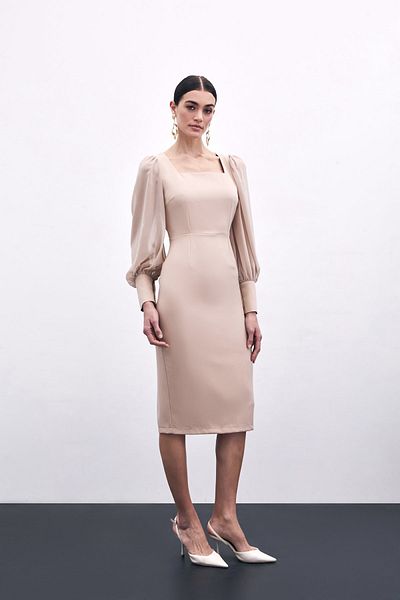 Sateen Chiffon Sleeve Crepe Dress - Beige