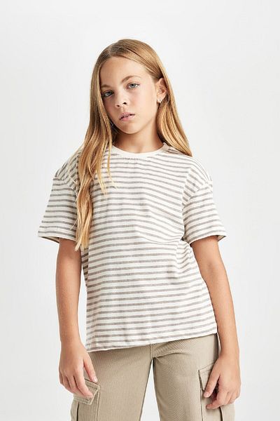 DeFacto Girl's Relax Fit Crew Neck Striped Short Sleeve School T-Shirt C7792A824Au