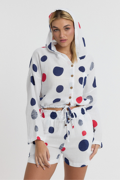 TCT TEKSTİL Crop pentru femei - Crop cu glugă din muselină cu model cu buline - 1165