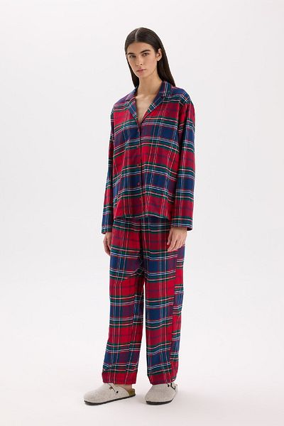 DeFacto Stretch Fit - Plaids Flannel Pajamas Set with Long Sleeves and Waisted Long Bottom V4015Az24Wn
