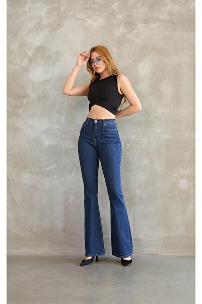 SANTA BELLA Sophio DarkBlue Pantaloni de denim din lycra pentru femei, cu talie super înaltă, cu picior evazat