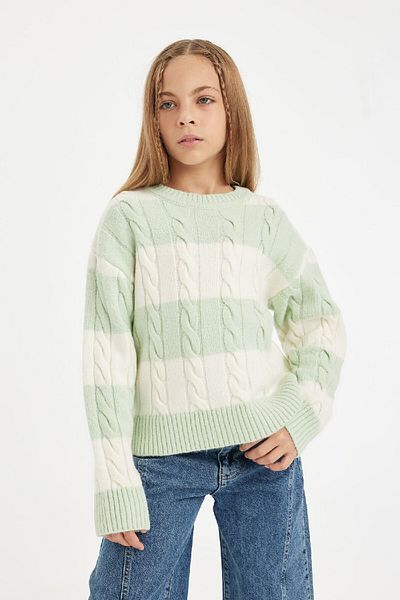 DeFacto Girls' Striped Crew Neck Hair Braided Knitwear Sweater B1925A824Au