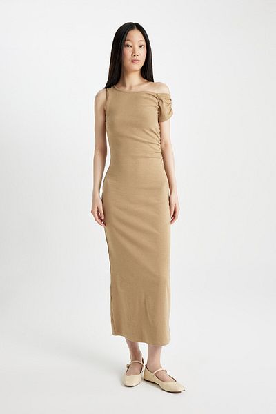 DeFacto One Shoulder Ribbed Midi Dress - Short Sleeve, Bodycon, Camisole D1448Ax24Sm