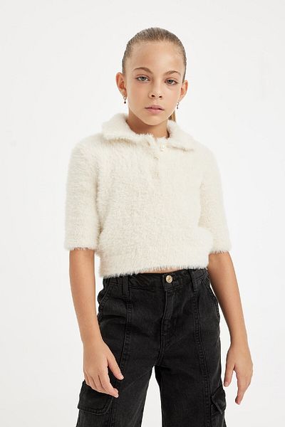 DeFacto Girls' Polo Neck Soft Textured Short Sleeve Knitwear Sweater D1358A824Wn