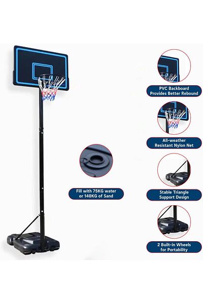 YALLA HomeGym Adjustable Height 7.5 to 10ft Portable Basketball Hoop, 44 Inch Backboard