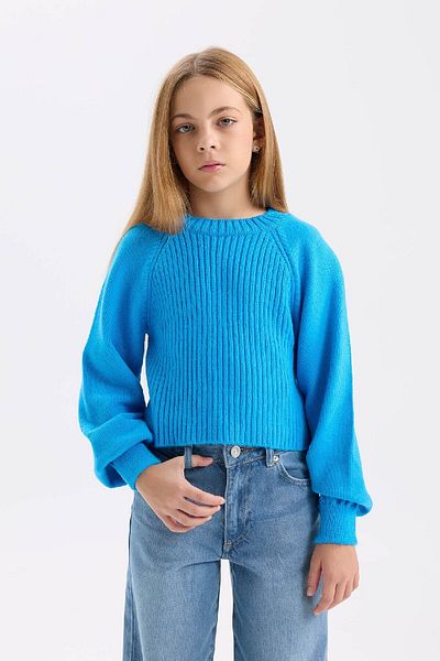 DeFacto Pulover pentru fete, cu croiala standard, cu decolteu, cu mâneci, tricotaje elastice C9555a824wn
