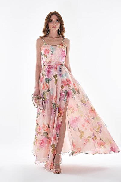 EXPLOSION Desenli Organze Askısı Taş İşlemeli Abiye Elbise