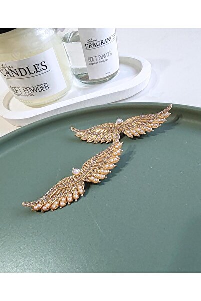 REBORN DESIGN Gold Renk İncili ve Zirkon Taşlı Melek Kanadı Model Kadın Metal...