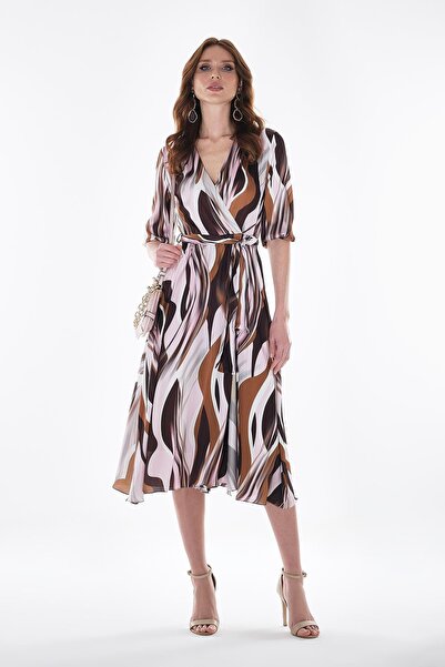 EXPLOSION Büyük Beden Desenli Saten Beli Kuşaklı Eteği Kloş Midi Boy Elbise