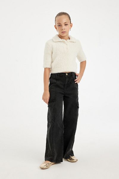 DeFacto Girls' Polo Neck Soft Textured Short Sleeve Knitwear Sweater D1358A824Wn