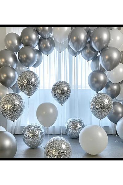 Çemrek Süs Parti White Silver Chrome Transparent Sequin Balloon Chain Set of 80