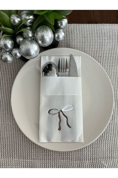 kidspartim Silver Gilded White Pocket Bow Napkin 12 Pieces