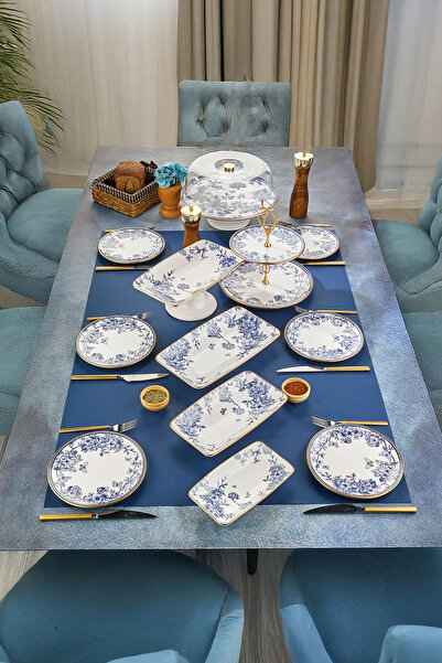 Mabeyn 13 Parça Beyaz Gold Mavi Pasta Servis Sunum Tabağı Takımı Seti