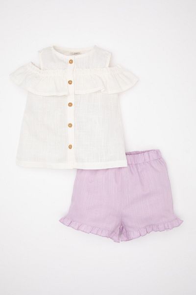 DeFacto 2-teiliges Set für Babys und Mädchen, ärmellose Bluse mit Rüschen aus Flamm-Popeline, Shorts C9522a524sm