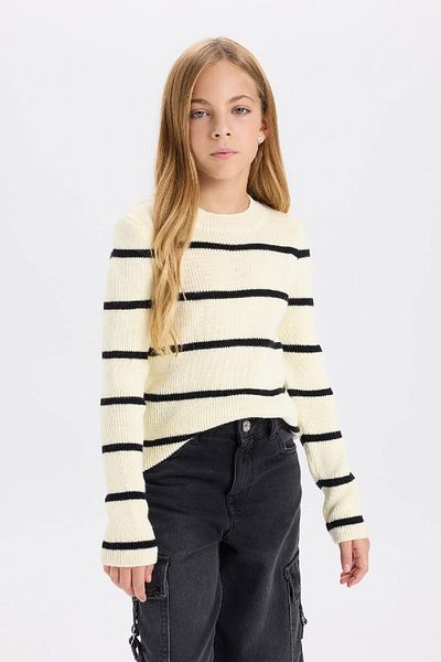 DeFacto Girl's Ecru Striped Fitted Crew Neck Knitwear Sweater D1392A824Wn