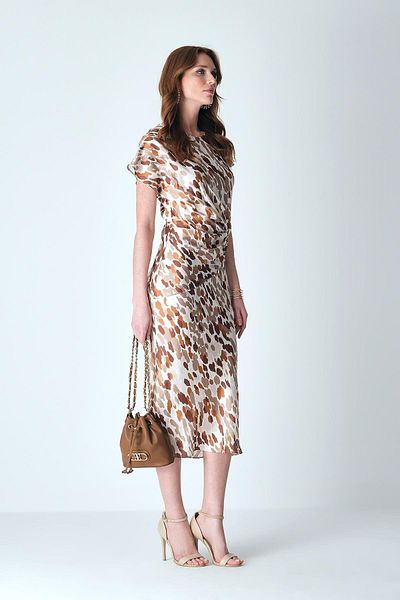 EXPLOSION Satin Patterned Waist Knot Detailed Short Sleeve Midi Length Stylish Dress