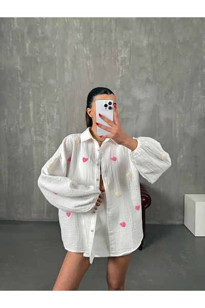 Lusin Women's Ecru Heart Embroidered Premium Quality Muslin Fabric Balloon Sleeve Shirt