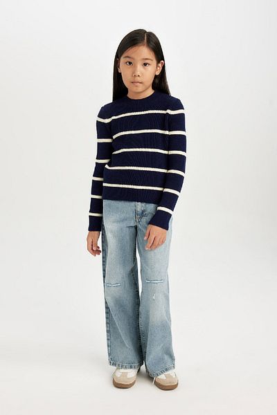 DeFacto Girl's Navy Blue Striped Fitted Crew Neck Knitwear Sweater D1392A824Wn