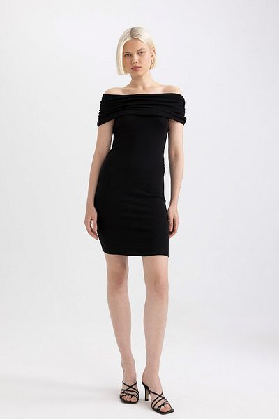 DeFacto Μίνι φόρεμα με μακρυμάνικο καμίζι Bodycon Off-Shoulder με ραβδώσεις D1171AX24SM