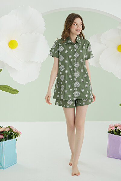 NBB %100 Pamuklu, Önden Düğmeli, Kısa Kollu, Çiçek Desenli, Kadın Şort Takımı Yeşil