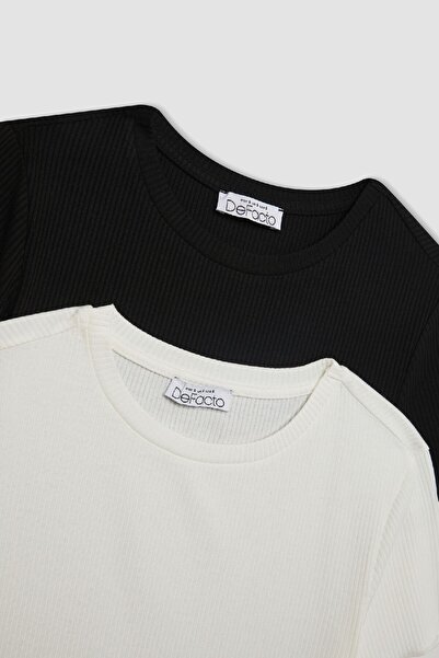 DeFacto Εφαρμοσμένο μπλουζάκι με λαιμόκοψη 2 τεμαχίων με ραβδώσεις καμιζόλ Basic κοντομάνικο μπλουζάκι D1998axns