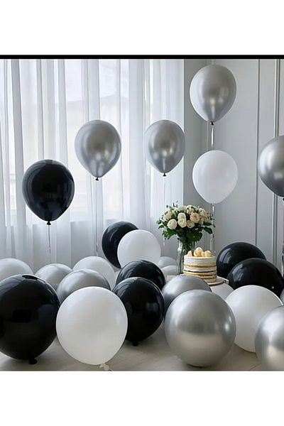 Çemrek Süs Parti Black White Silver Chrome Balloon Set 30Pcs