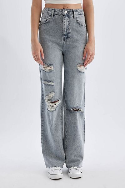 DeFacto 90er-Jahre-Hose mit weitem Bein, zerrissenen Details, hoher Taille, lange Jeans, gewaschen, C8606ax24hs