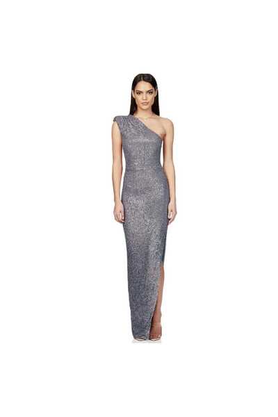 elissaa TEK OMUZ PUL PAYET TIRTMAÇLI UZUN ABİYE ELBİSE